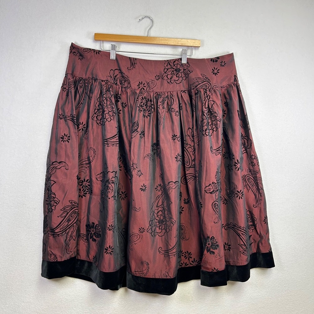 MSK‎ Women's Burgundy Floral Paisley Print Midi Skirt Size 24W Velvet Whimsygoth